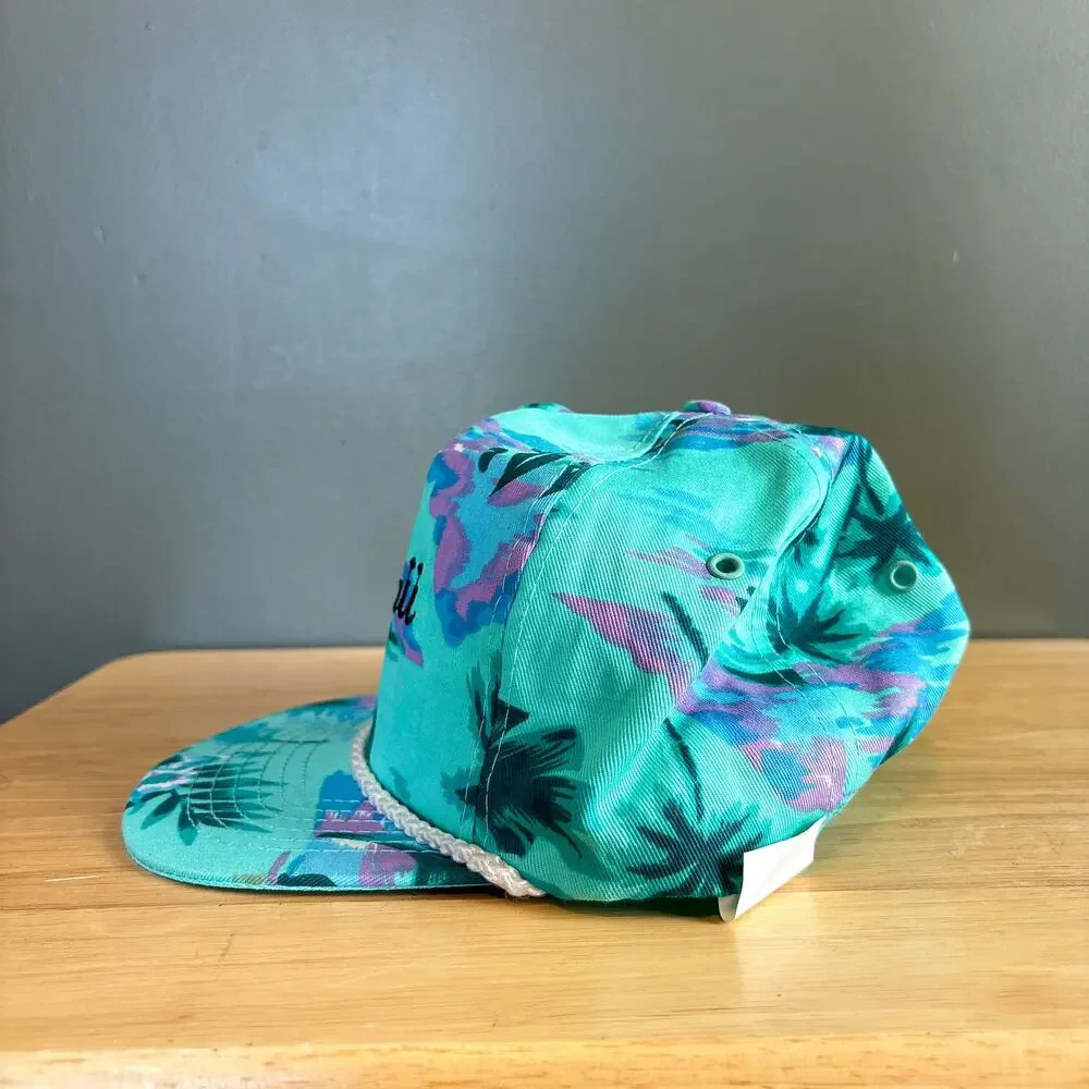 Vintage Hawaii Tropical Floral Teal Purple Rope Brim Snapback Hat